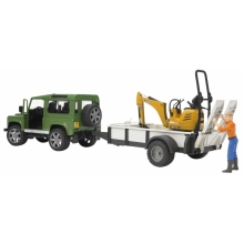 BRUDER 02593 LAND ROVER DEFENDER ONE AXLE TRAILER, JCB MICRO EXCAVATOR + WORKER