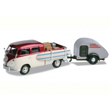 MOTORMAX 79673 1:24 VOLKSWAGEN TYPE 2 ( T1 ) TRAILER SET SURF PICKUP + TEAR DROP TRAILER RED OR BLACK